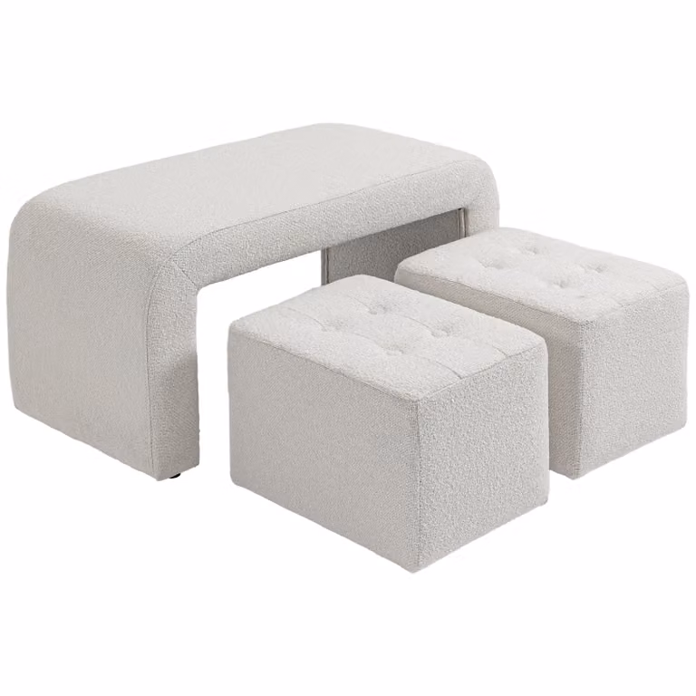 HOMCOM Voetenbankenset van 3 stuks met knoopsgatontwerp, Crème, Eucalyptushout