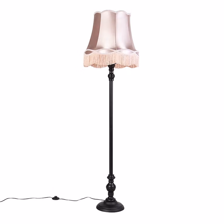 Qazqa Vloerlamp zwart met roze Granny kap - Classico