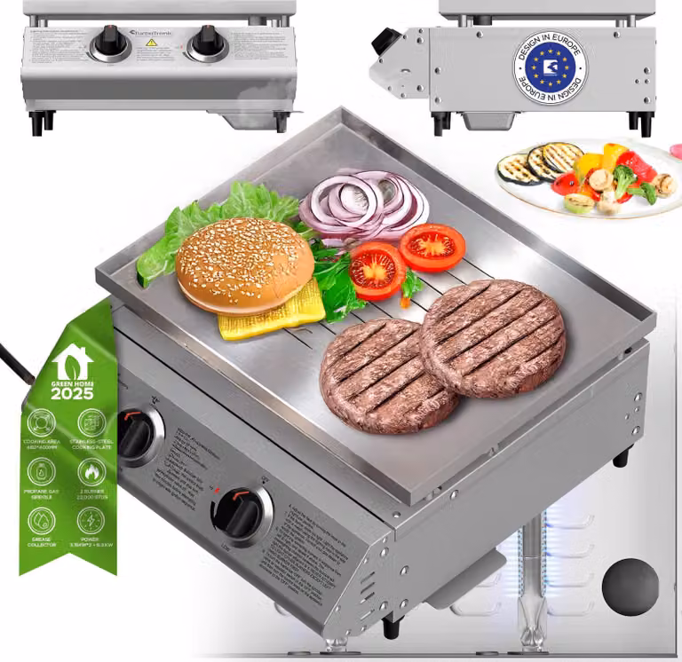 TurboTronic Gasbarbecue BBQ6 tafelgasbarbecue met roestvrijstalen planchaplaat van 46 x 40 cm, 2 x 3,15 kW branders (6,3 kW) en piëzo-ontsteking