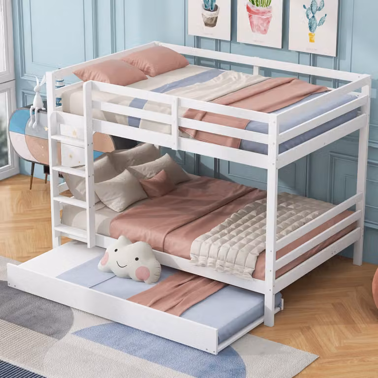 Okwish Houten Tweepersoonsbed met Uitschuifbaar Bed en Trap, Wit, 140 x 200 cm