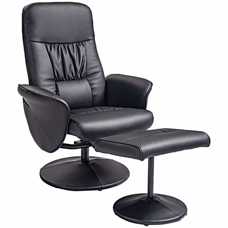 HOMCOM Relaxstoel met hocker 2-delige set, verstelbare fauteuil 360 graden draaibaar in zwart microvezel leer, retro tv-stoel, H x B x D: 108 x 76 x 86 cm