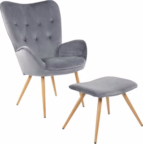 Albatros York Oorfauteuil met kruk grijs - Vintage fluwelen loungefauteuil