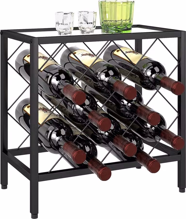 Zwart stalen wijnrek voor 10 flessen met gehard glazen blad - B/D/H: 41 x 22 x 41 cm