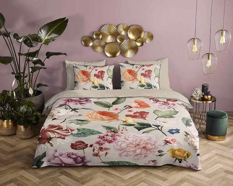 Descanso Dekbedovertrek Bloemen Biologisch Katoen Mako-satijn Zand/Beige B/D: 240 x 220 cm