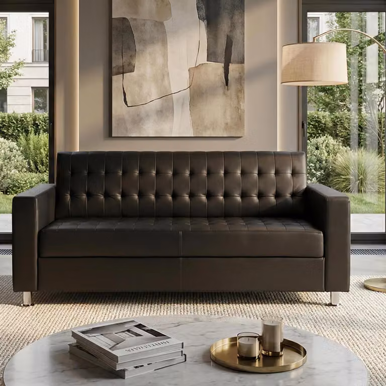Mendler Kunda Driepersoonsbank met Koffietafel, Loungebank van Kunstleer met Metalen Poten, 180 cm