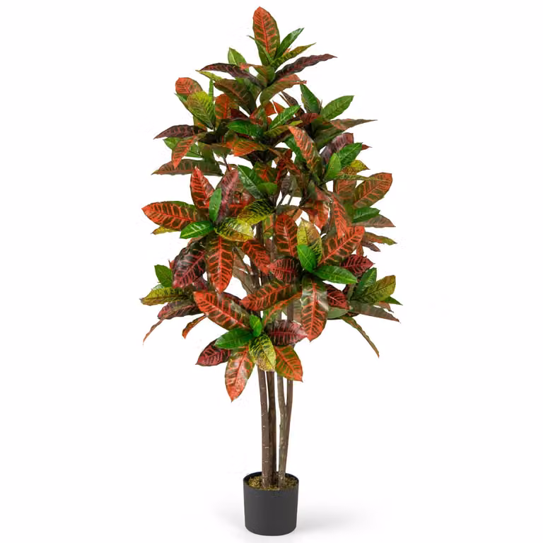 Costway Kunstpalm Kroton met Kleurrijke Bladeren en Natuurlijke Houten Stam, 150 cm