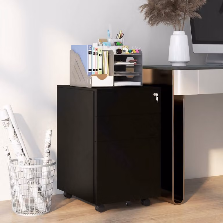 COVREO Archiefkast van zwart staal met slot en wielen, B: 37 cm, D: 43,5 cm, H: 60 cm