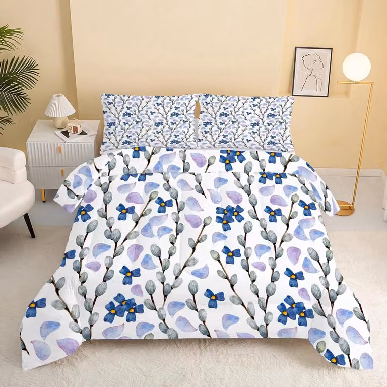 Anti-allergische omkeerbare dekbedset met blauwe bloemen, 135 x 200 cm