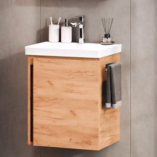 Planetmöbel badkamermeubelset met wastafel en kraan, goud eiken en chroom, wandmontage