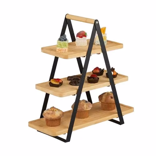 Relaxdays Etagère van bamboe en metaal, 3-laags, zwart/grijs, H 42 cm x B 41 cm x D 16,5 cm