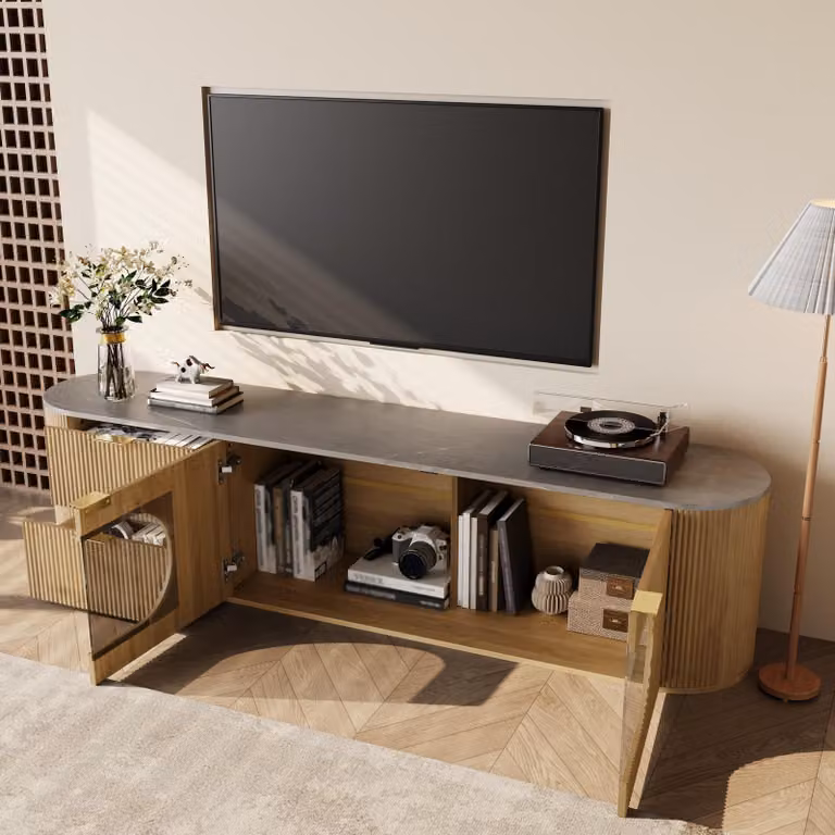 STILVORA TV-kast met 3D-deuren en ovale glazen vitrine in houtlook, B/D/H: 172 x 45,5 x 38 cm
