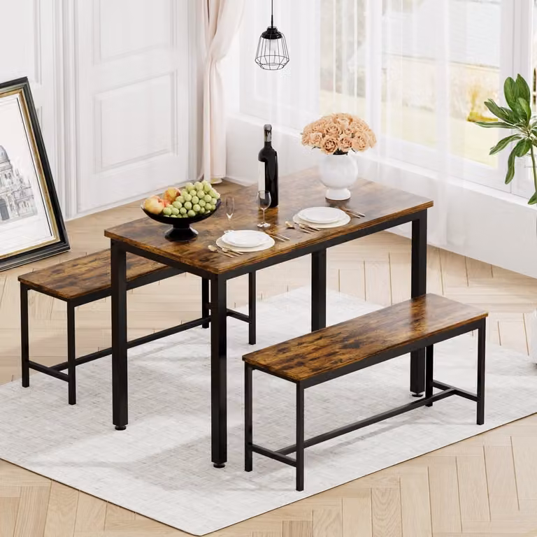 Zubaliya Eettafelset met 2 Banken - Industriële Bartafel voor 4 Personen - Vintage Bruin Zwart - B/D/H: 110 x 60 x 75 cm