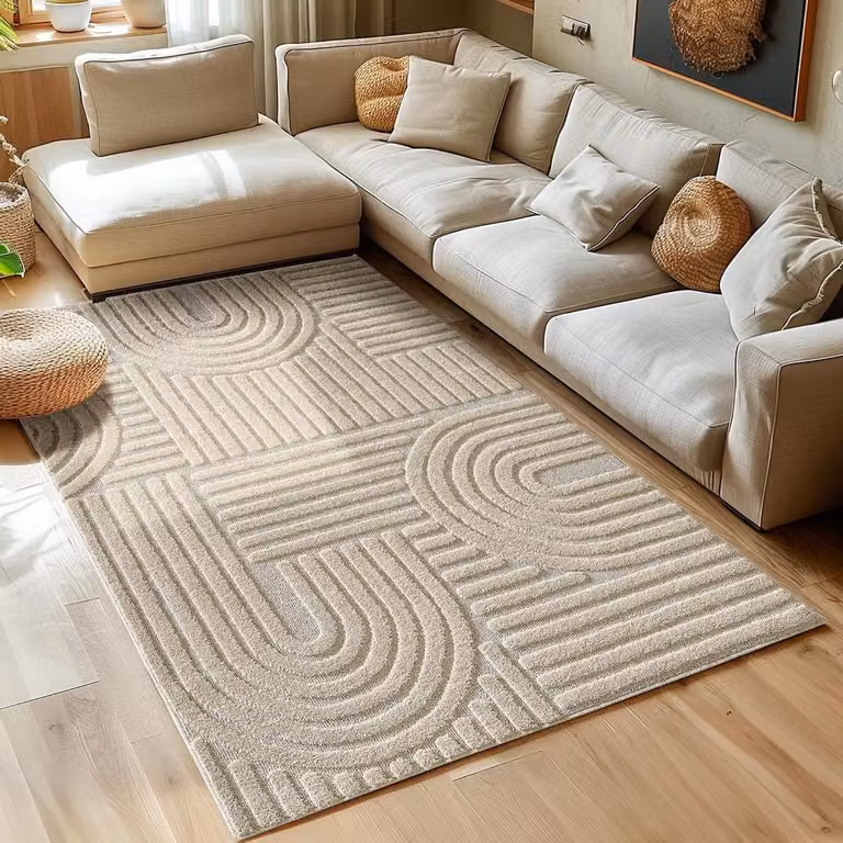 Hoogpolig vloerkleed met abstract 3D Skandi Boho design in beige, 160 x 230 cm