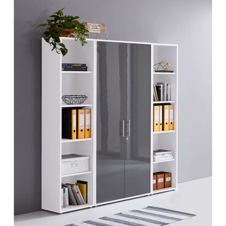 home24 Dossierkast III met deuren en open vakken, wit/antraciet hoogglans, B/D/H: 172 x 33 x 186 cm
