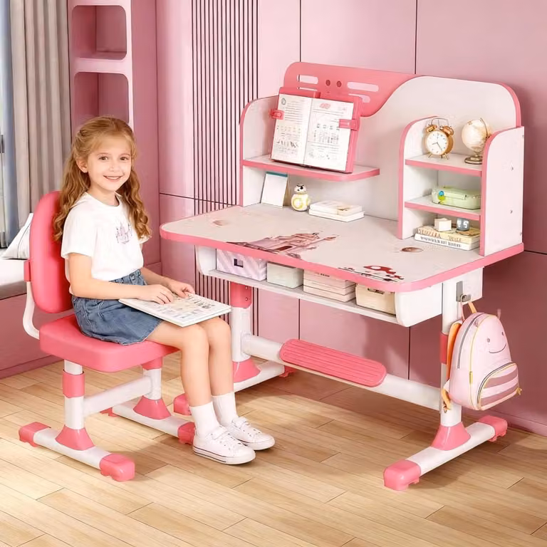 Roze Kinderbureau met Stoel - Verstelbare Studie Meubel Set voor Kinderen - Breedte: 80 cm
