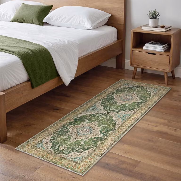 Smaragdgroen Kortpolig Vloerkleed met Antislip Onderkant - Rechthoekig Polyester Tapijt voor Woonkamer, Slaapkamer of Hal - B/D: 80 x 200 cm