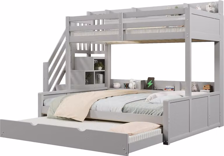 Grijs stapelbed voor kinderen met onderbed, USB-poort en opbergruimte, B/D/H: 90x200/140x200 cm