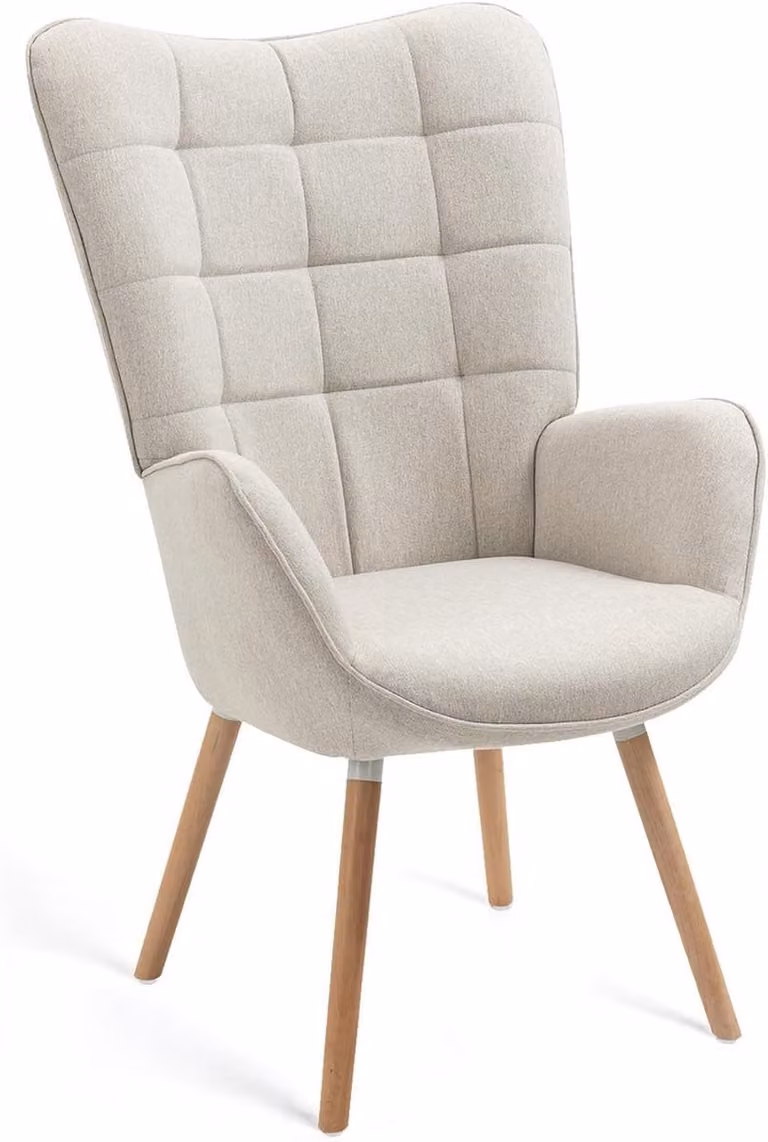 Scandinavische Lounge Leunstoel met Stoffen Bekleding en Houten Poten - Beige - H 106 x B 66 x D 53 cm