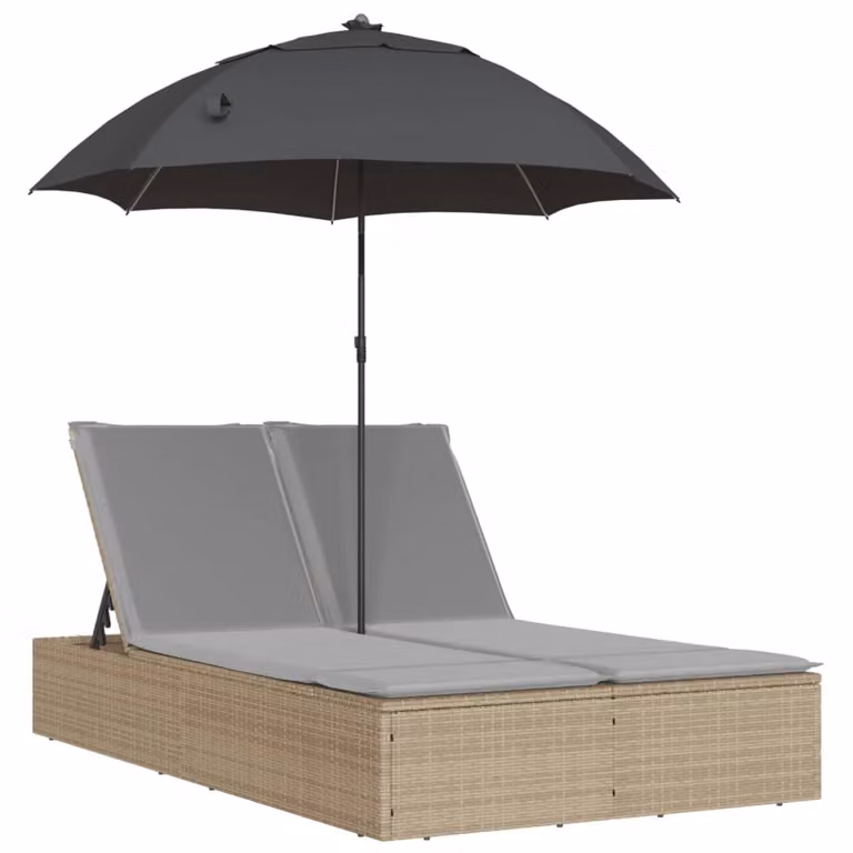 vidaXL Dubbele ligbed met kussen en parasol, beige, polyrotan