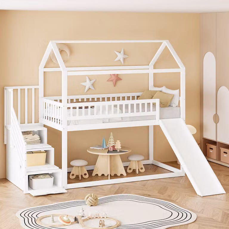 Merax Kinderbed - Hoogslaper met glijbaan en opbergladder - Massief hout - Wit - 90 x 200 cm