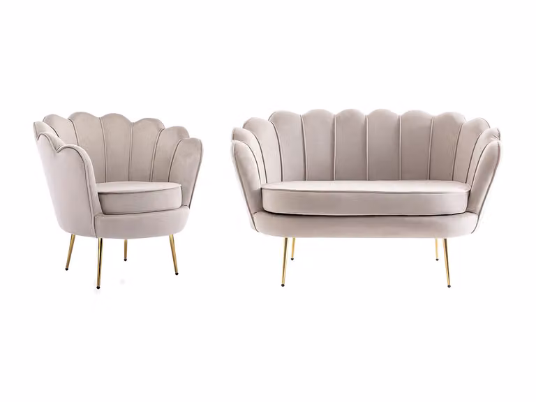 DANDELION Zitbank voor 2 personen en fauteuil in schelpvorm, Taupe Fluweel en Beige