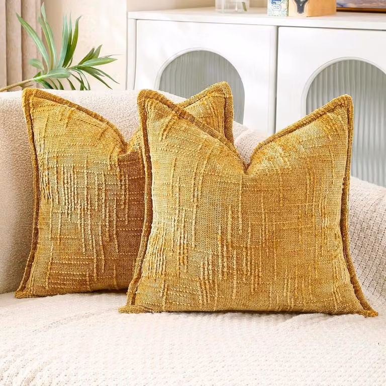 Set van 2 Decoratieve Kussenhoezen Geel Chenille Vierkant 45 x 45 cm - Modern Boho Kussens voor Sofa en Bed