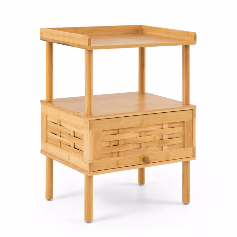 Costway Nachtkastje van Bamboe met Open Rek en Klapdeur met Magneetsluiting, Boho Stijl, B: 29,5 cm, D: 38,5 cm, H: 59,0 cm