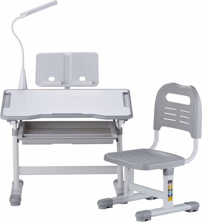 Verstelbare bureau en stoel set voor kinderen met kantelbaar blad en lamp in grijs