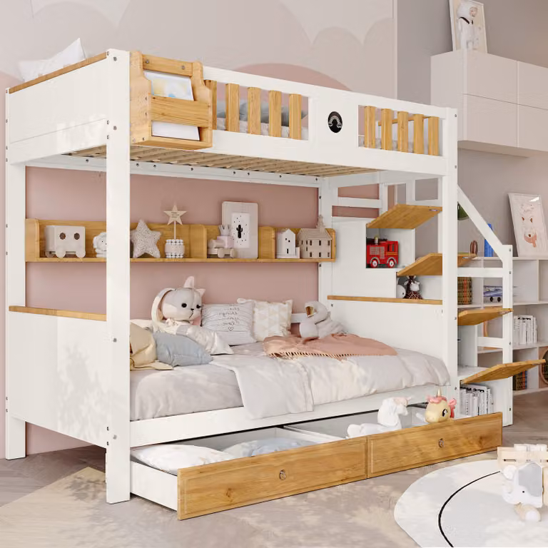 MODFU Lit Superposé Kinderbed met opbergruimte en trap, Wit + Naturel, 90 x 200 cm