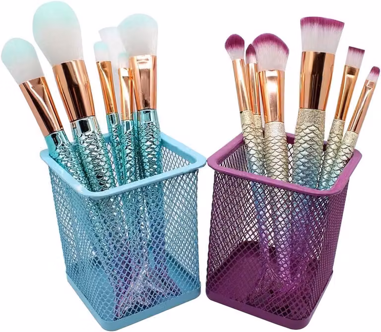 Set van 2 vierkante desktop pennenhouders en organizers voor bureau of make-up borstels in lichtblauw en paars