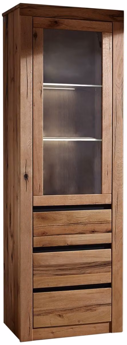 MONTREUX Vitrine van massief wild eiken en moseiken, naturel geolied, B/D/H: 62 x 42 x 191 cm