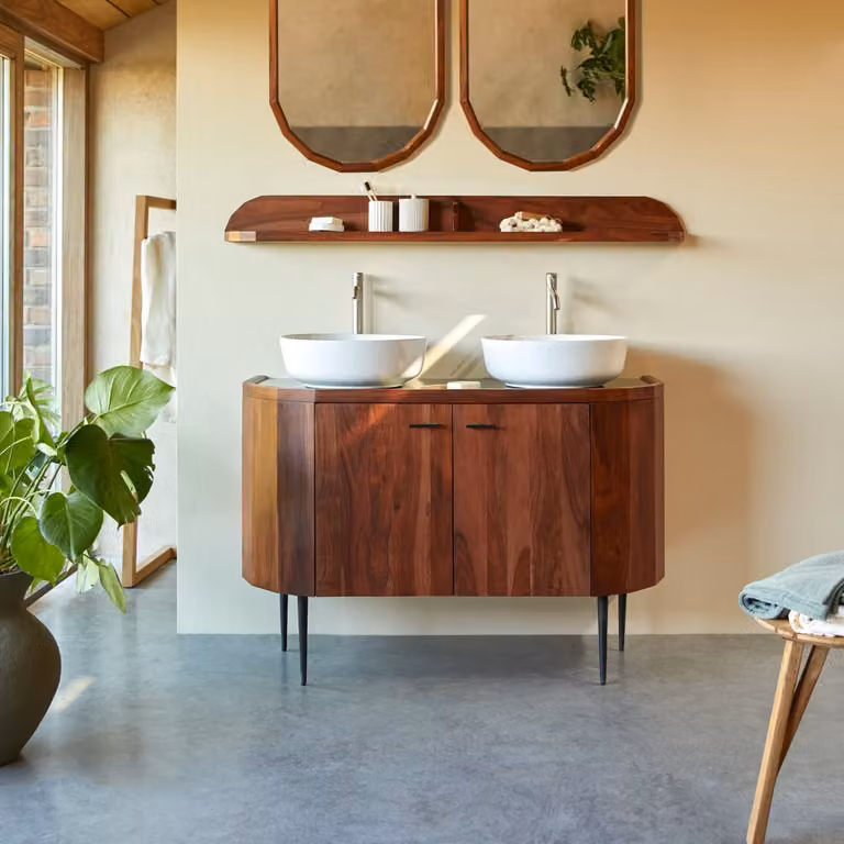 Tikamoon Jade Wastafelkast van massief Sheesham hout en marmer, Bruin/Groen, Breedte: 120 cm