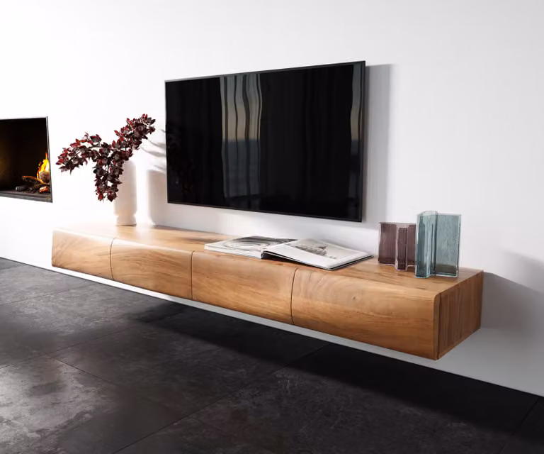 DELIFE Tv-meubel New Live-Edge, 4 deurs, zwevend, acacia hout en metaal, bruin/wit, B: 200 cm, D: 40 cm, H: 39 cm