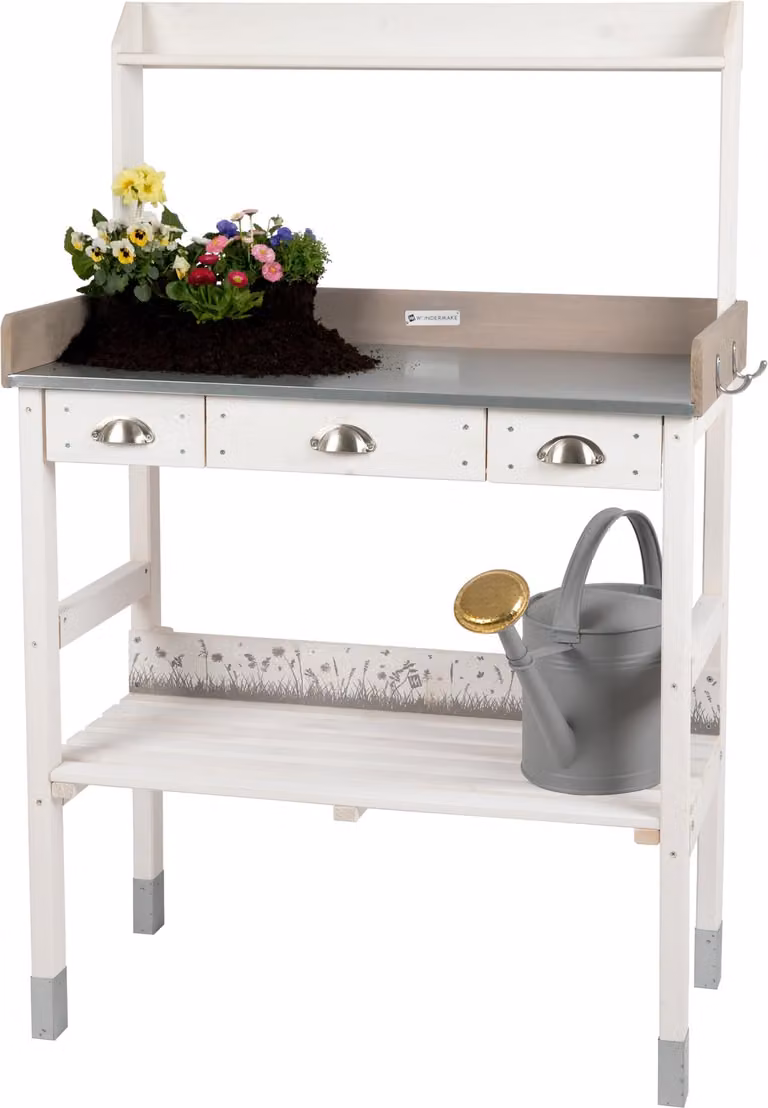 WONDERMAKE Grote plantentafel met 3 lades, wit, weerbestendig hout, B: 130 cm, D: 45 cm, H: 85 cm