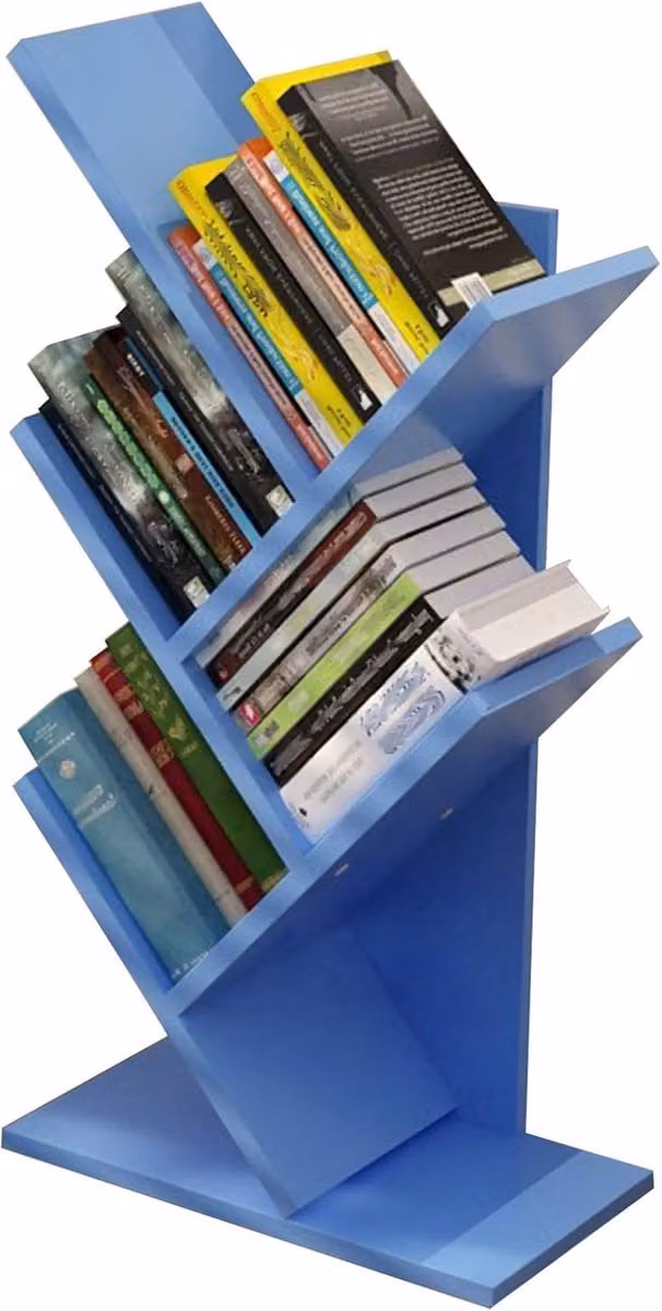 Blauwe houten boomboekenplank met 5 planken en achterpaneel voor in de woonkamer of werkkamer