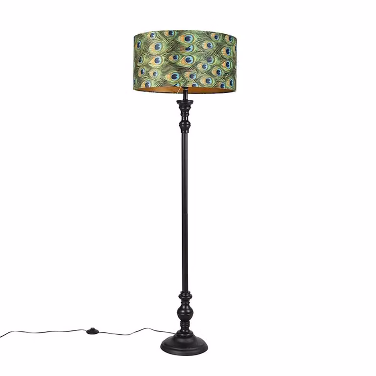 Qazqa Vloerlamp zwart met pauw goud velours kap 50 cm