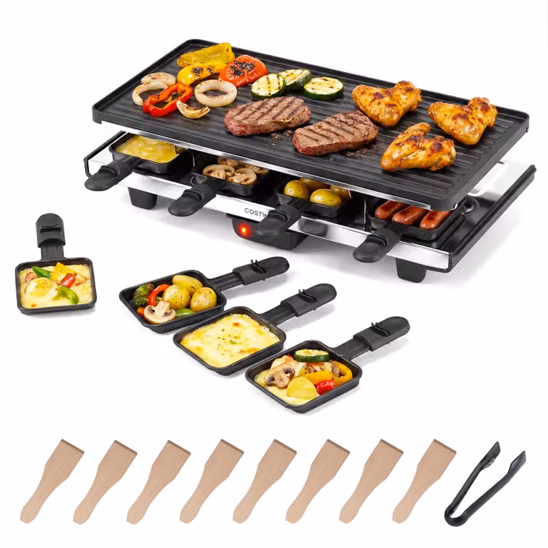 Costway Elektrische Raclette Grill voor 8 Personen met 2-in-1 Omkeerbare Antiaanbakplaat en Instelbare Functies