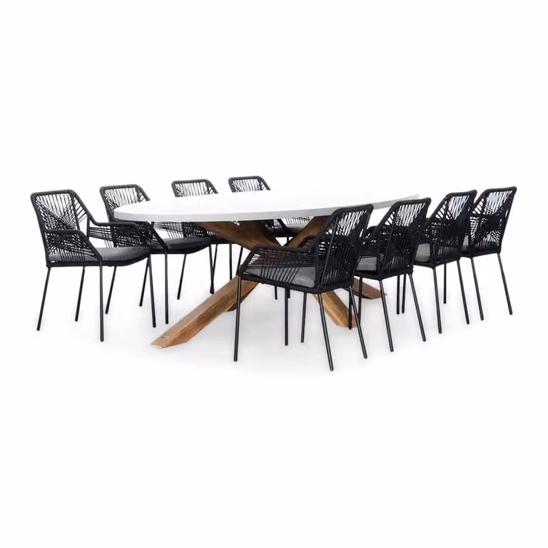 Livorno/Seville zwart dining tuinset voor 8 personen met betonlook en touw, 280 cm ovaal