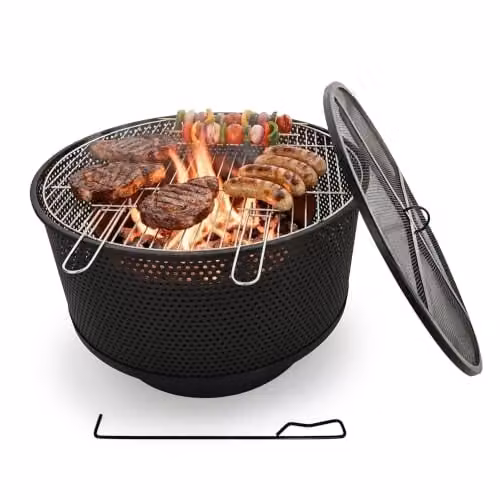 Relaxdays Vuurschaal met grillrooster en vonkenvanger, zwart, Diameter: 61 cm