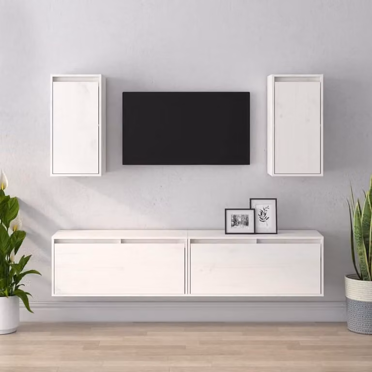Set van 4 witte hangende tv-meubels van massief grenenhout voor je woonkamer