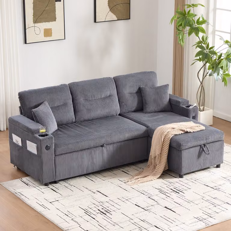 HAUSS SPOLE Bankstel - 3-Zits Corduroy Bank met Hydraulische Chaise Longue en Uittrekbaar 2-Persoons Ladebed - Carbongrijs