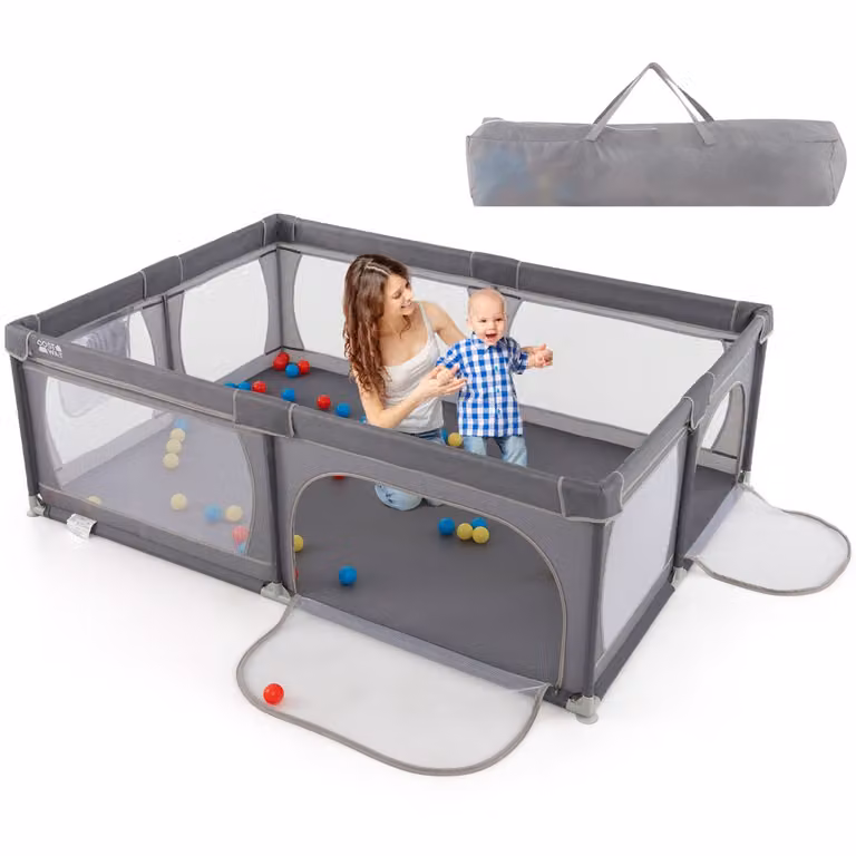 Costway Babyhekje met 50 ballen, ademend gaas en ritssluiting, donkergrijs, 206 x 147 cm