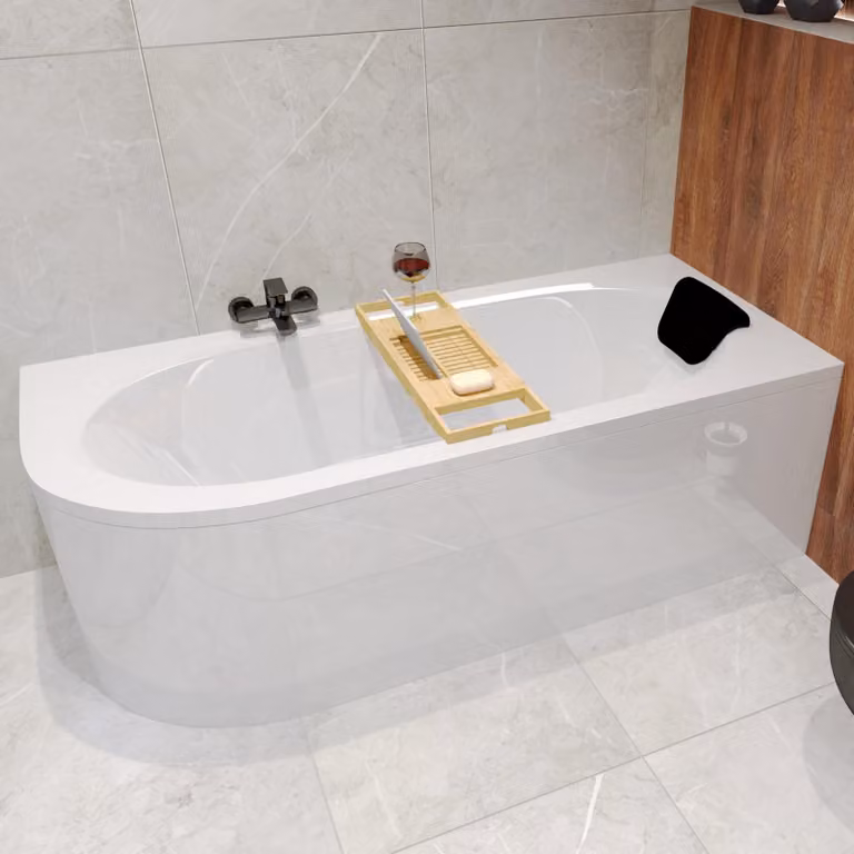 BADLAND Avita Eckbad - Rechthoekig bad rechts - 150 x 75 cm inclusief afvoerkit, poten, zwart badkussen en bamboe badplank