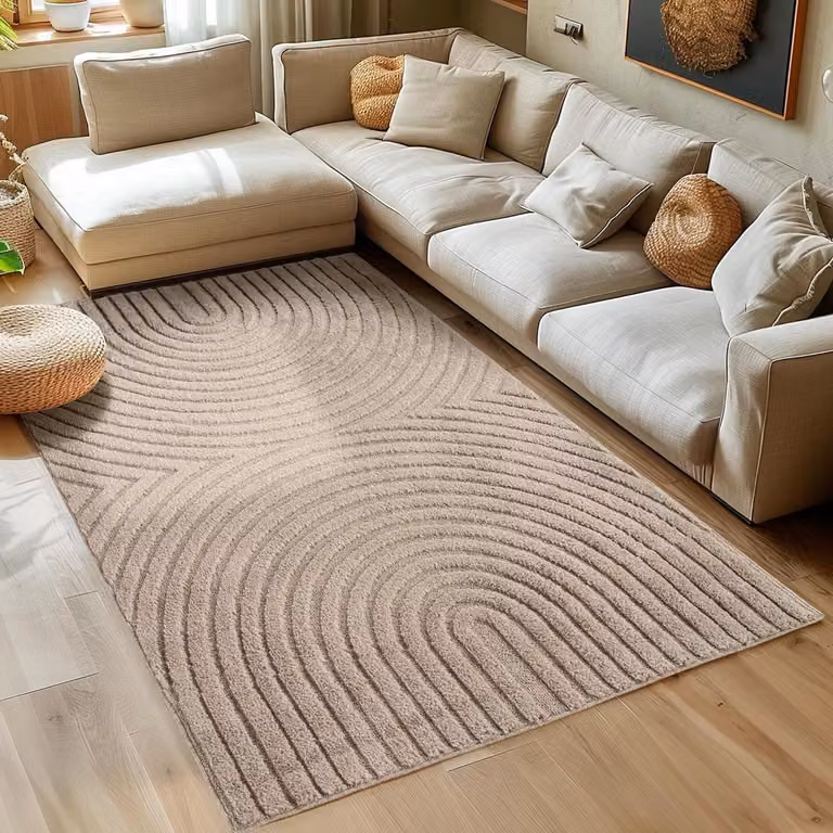 Hoogpolig Vloerkleed Shaggy Tapijt met 3D-design in Beige - Scandi Boho Stijl - 240 x 340 cm
