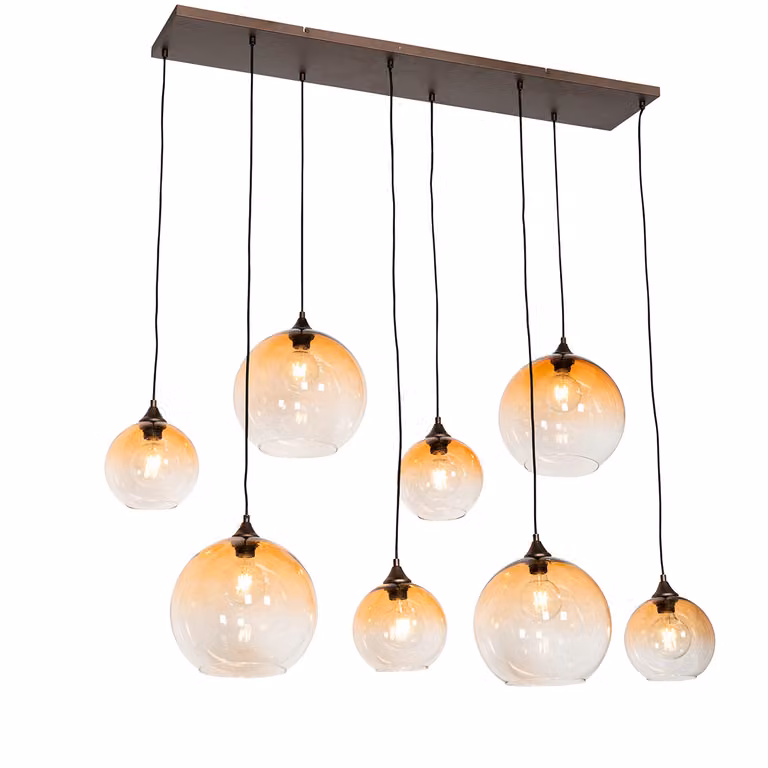 Qazqa Smart hanglamp donkerbrons met amber glas, 8-lichts, Wifi en dimbaar