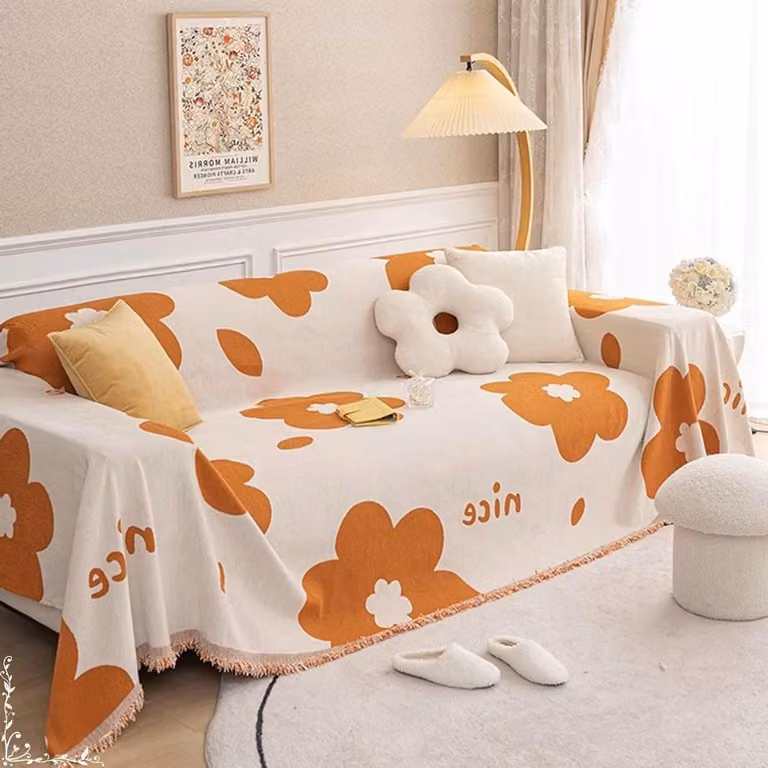 Oranje Slaapbankhoes met Bloemenpatroon - Machinewasbaar Chenille Bankkleed voor Bescherming van je Bank - 180 x 380 cm