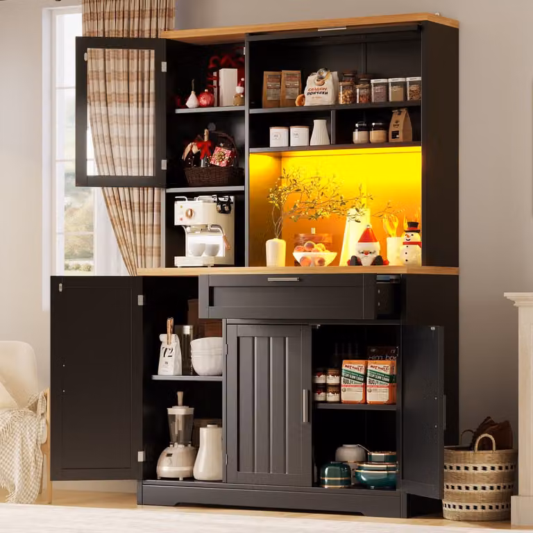 Zwarte vitrinekast met LED-verlichting voor keuken en woonkamer, B/D/H: 104 x 40 x 180 cm