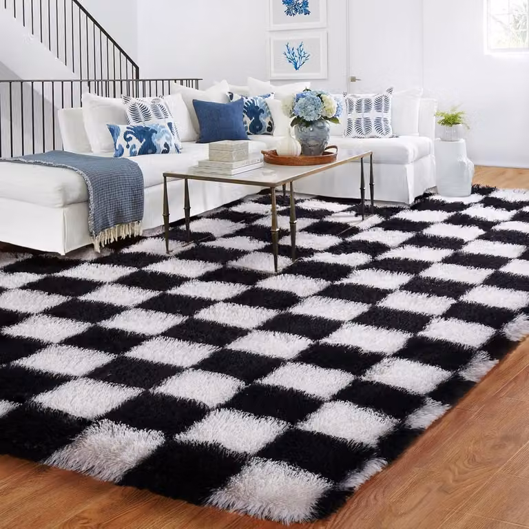 Zwart-wit geometrisch hoogpolig tapijt voor woonkamer, slaapkamer of kinderkamer, 240 x 300 cm