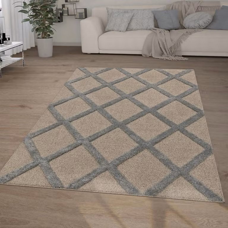 Grijs Hoogpolig Vloerkleed met 3D Ethno Boho Look - B/D: 150 x 80 cm
