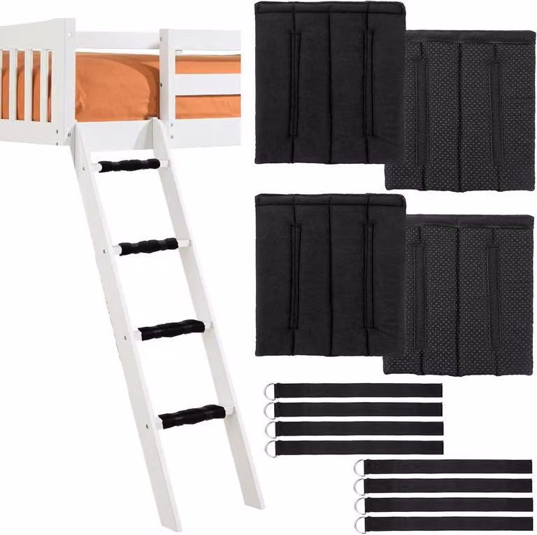 Set van 4 antislip foam trapmatjes voor stapelbedden met 8 verstelbare klittenbandsluitingen, zwart